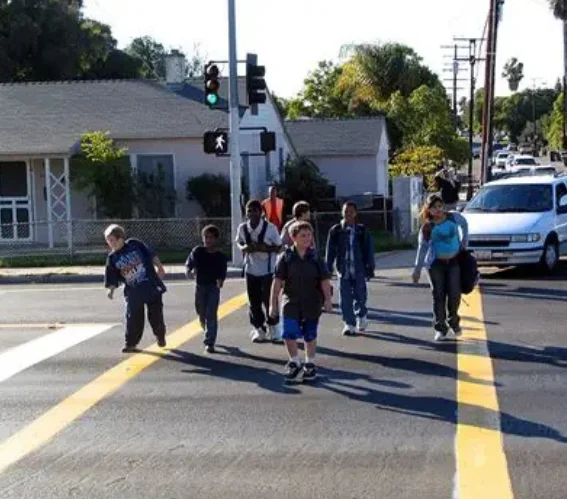 Children and pedestrians crossing a marked crosswalk at a signalized intersection as part of traffic impact analysis