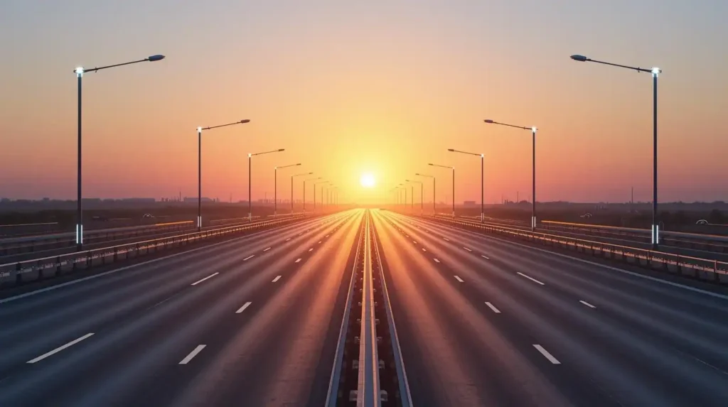 Wide open highway at sunrise symbolizing safer roads, smart traffic management, and long term infrastructure vision