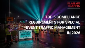Nighttime festival traffic control setup with signage and personnel managing special event traffic management in Canada