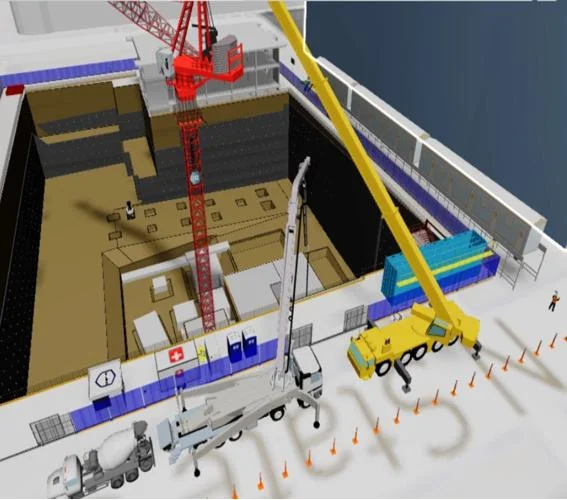 3D simulation of construction site showing traffic accommodation strategy and work zone layout for TMP compliance