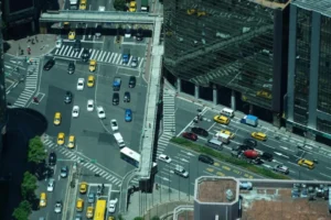 Aerial view of busy Whitehorse intersection showing structured traffic control flow in Yukon