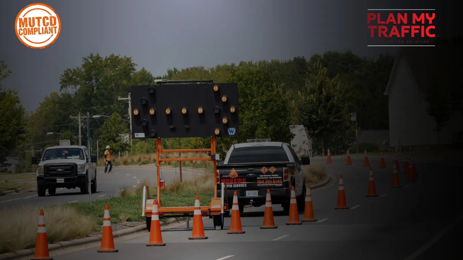 Traffic Control Plan Requirements with MUTCD-compliant lane closure signs and cones in construction work zone.