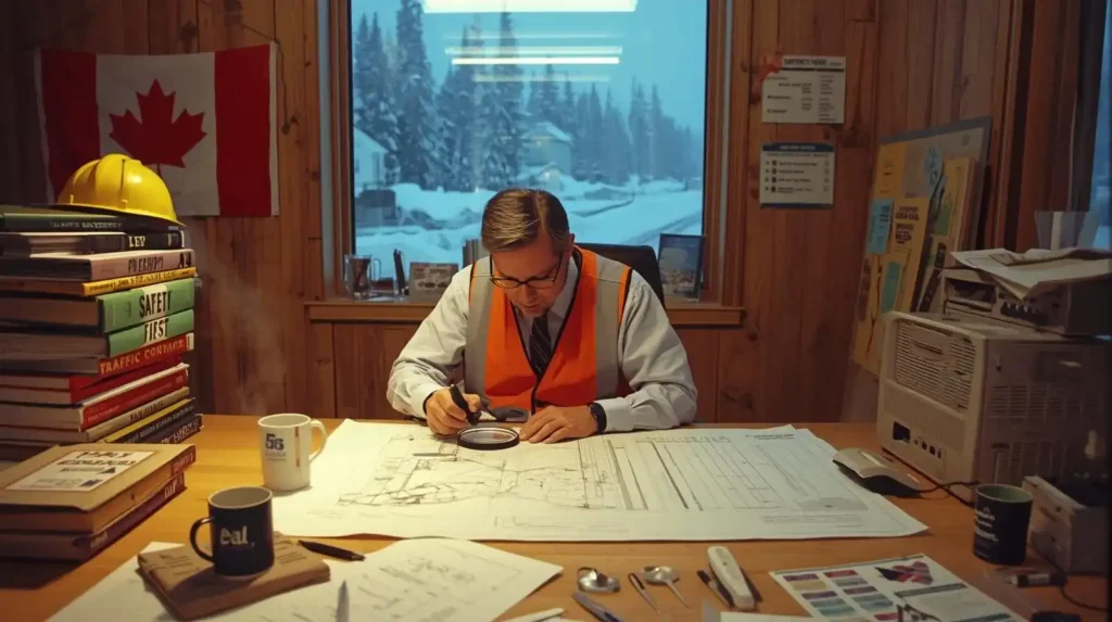 Traffic engineer reviewing detailed traffic control drawings to ensure safety, precision, and regulatory compliance