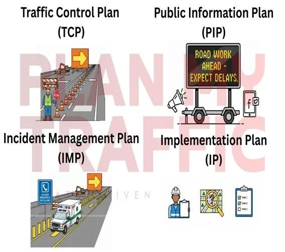 Traffic management plan components showing TCP, public information, incident management and implementation planning