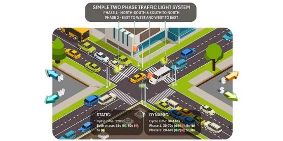 Traffic signal timing plan diagram showing phased intersection control to reduce delays and improve safety
