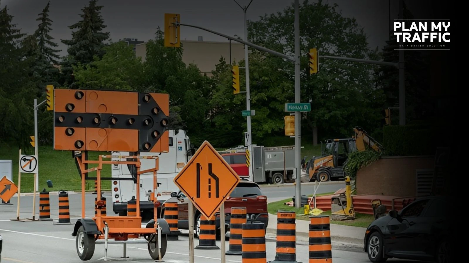 Construction Traffic Control Plan with lane closure signage, arrow board, and traffic barrels at urban roadwork site