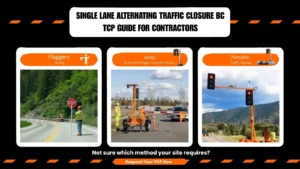 Single Lane Alternating Traffic Closure in BC methods showing flaggers, AFAD devices, and portable traffic signals