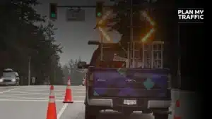 Traffic control truck with cones and arrow board for 24-Hour Traffic Management Plan in Vancouver