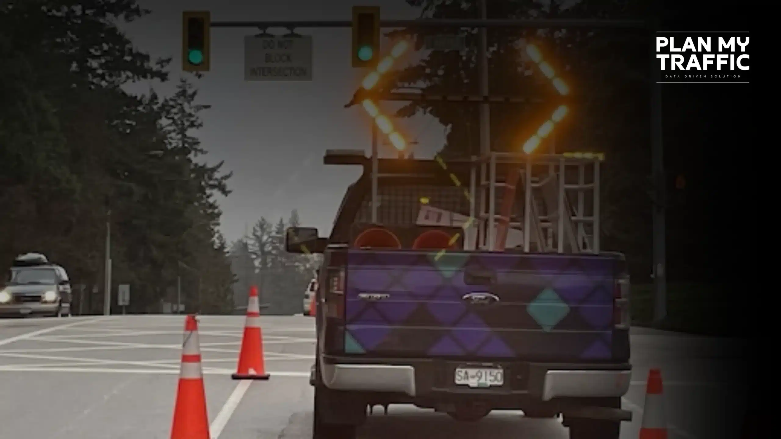 Traffic control truck with cones and arrow board for 24-Hour Traffic Management Plan in Vancouver