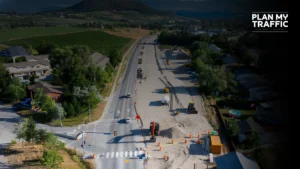Road construction site with lane closure under a Construction Traffic Management Plan Kelowna