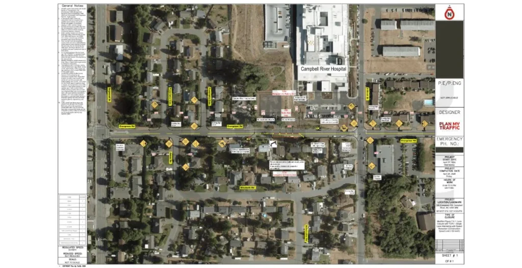 Traffic Control Plan services in Canada showing real site layout with signage, lane closures, and permit-ready traffic management design