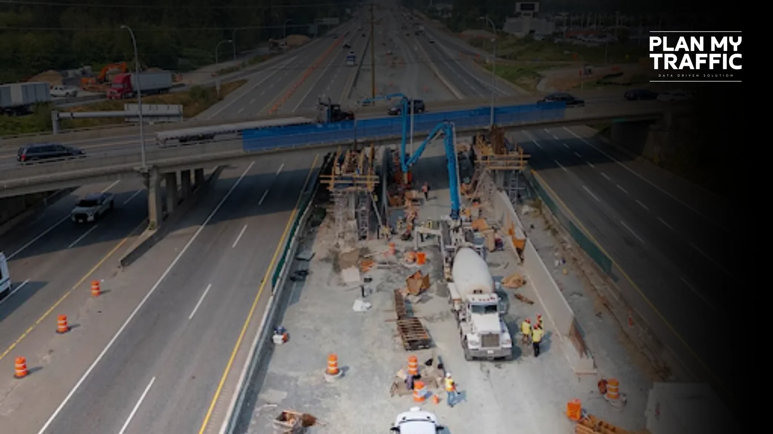 Highway construction site with lane control for Traffic Management Abbotsford project