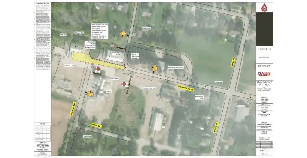 PlanMyTraffic digital traffic control plan for an Ontario roadway construction project featuring engineered detour layouts, specific sign sequences, and metric scale markings compliant with OTM Book 7 standards.