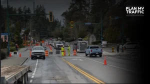 Traffic workers and cones managing a Traffic Management Plan Nanaimo work zone