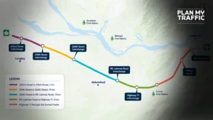 Map of Fraser Valley Highway 1 route segments for traffic management planning